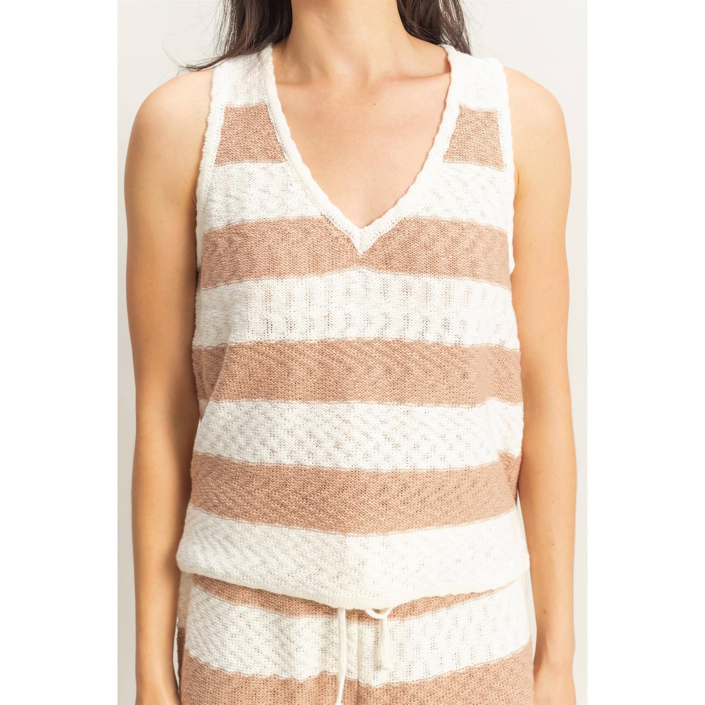 SET-Striped Sweater Top And Shorts Set