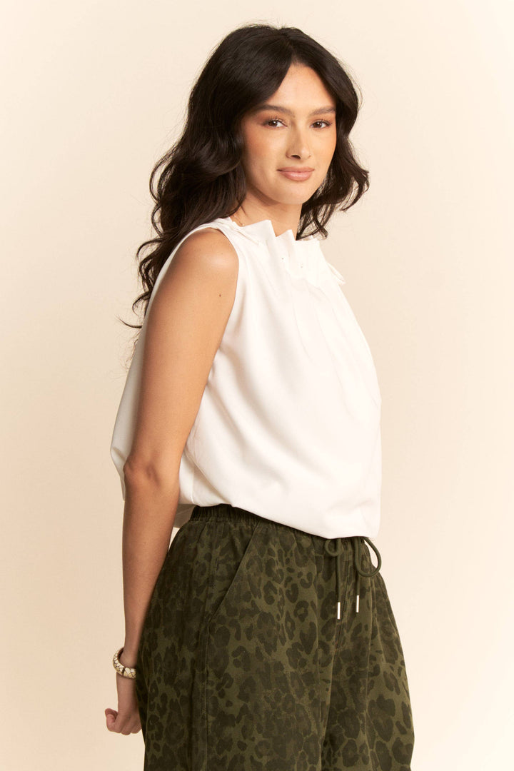 WHITE SOLID SLEEVELESS COWL NECK TIE DETAIL TOP