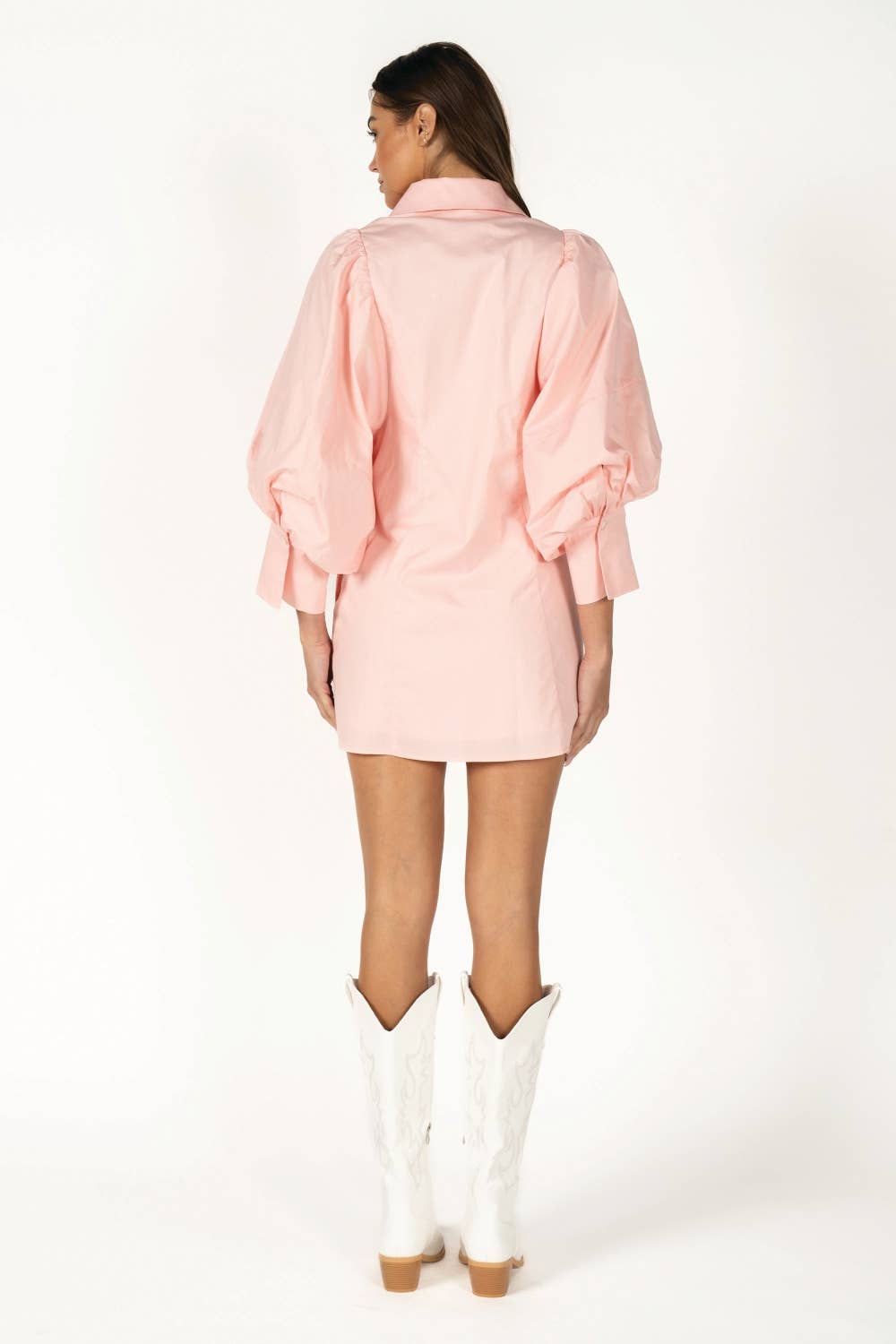 Balloon Sleeve Tie-Waist Mini Shirt Dress  PINK