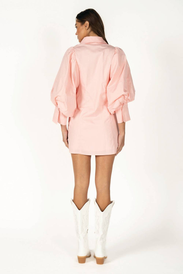 Balloon Sleeve Tie-Waist Mini Shirt Dress  PINK