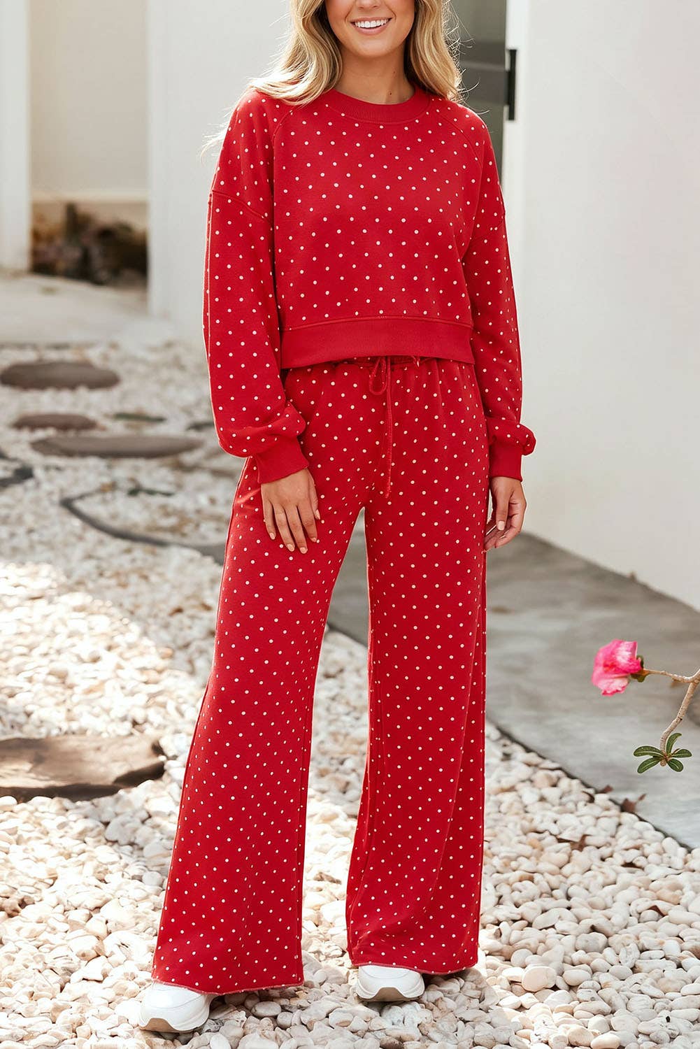 Polka Dot Drawstring Wide Leg Pants Set