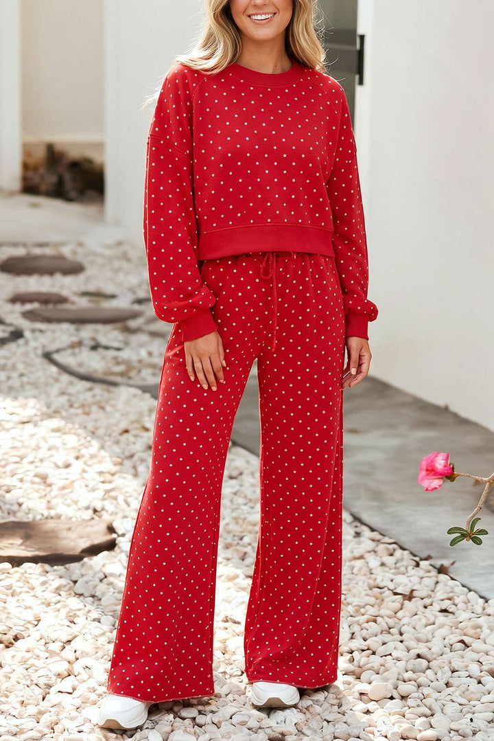 Polka Dot Drawstring Wide Leg Pants Set
