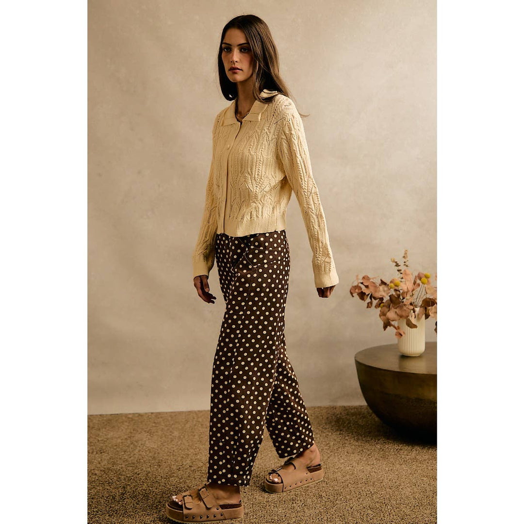 POLKA DOT PRINT TWILL MID RISE WIDE PANTS