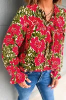 Red Floral Print Lace up V Neck Flounce Sleeve Blouse