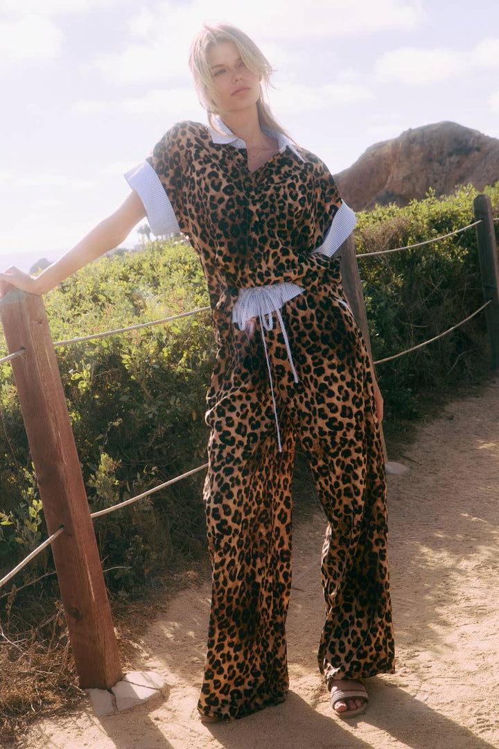 Leopard Printed Shirt Wide Leg Pants Set