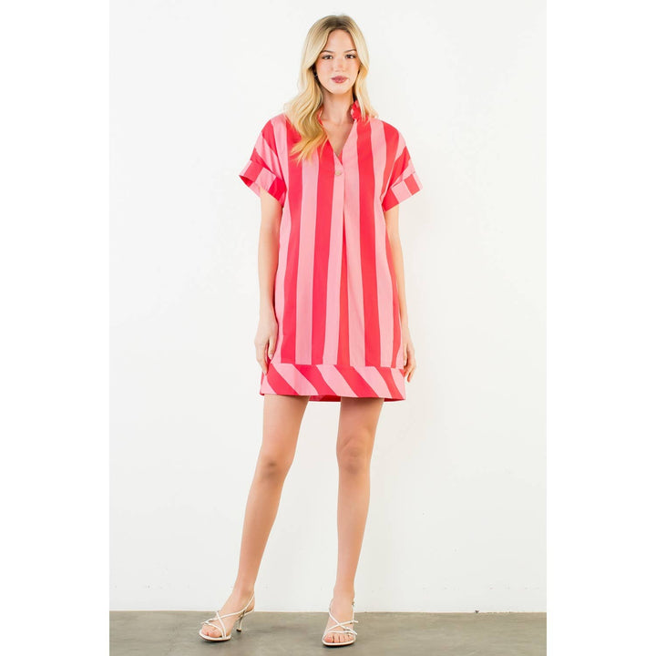 Short Sleeve Striped V-Neck Dress