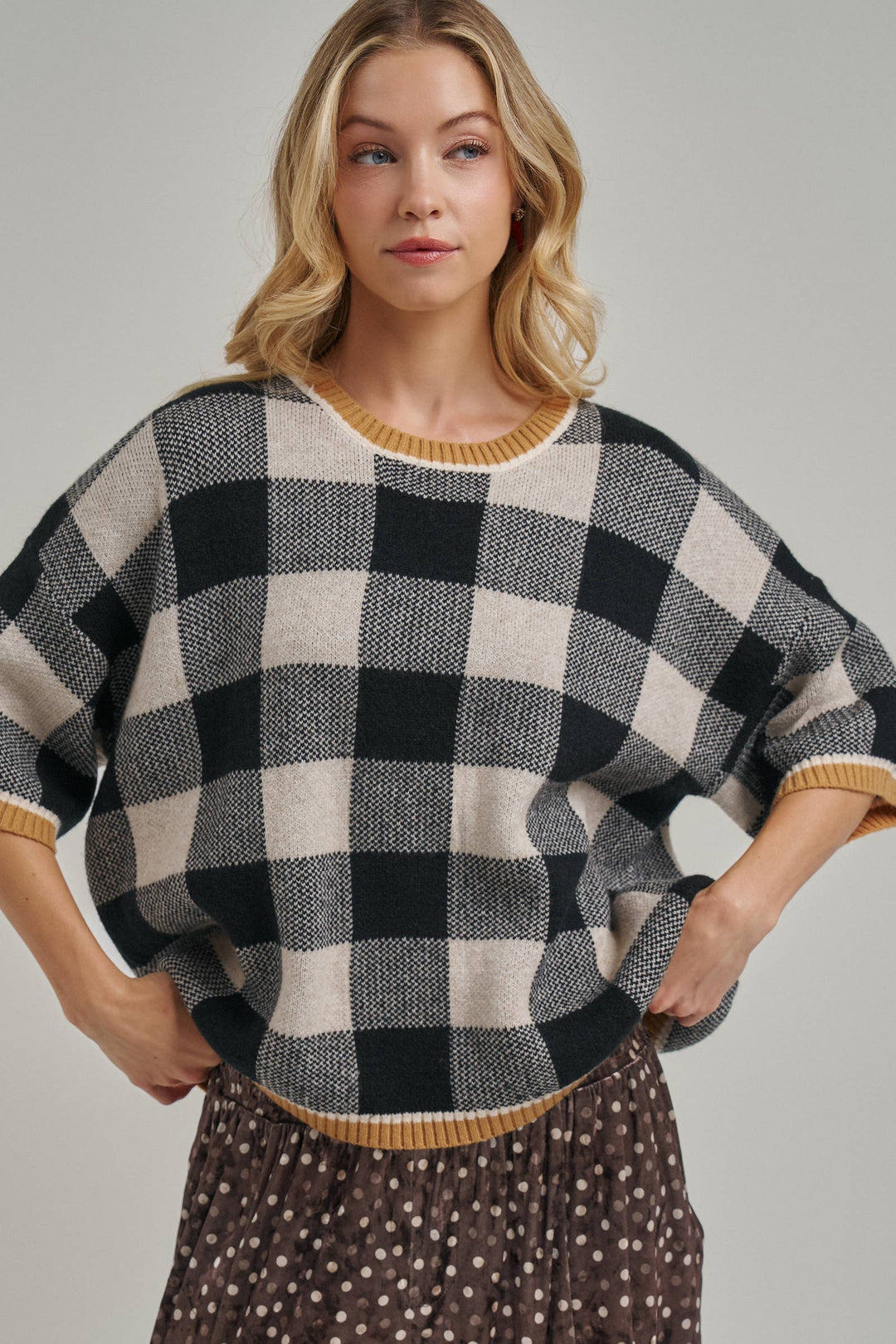 FALL CHECKERED GINGHAM DROP SHOULDER SWEATER TOP