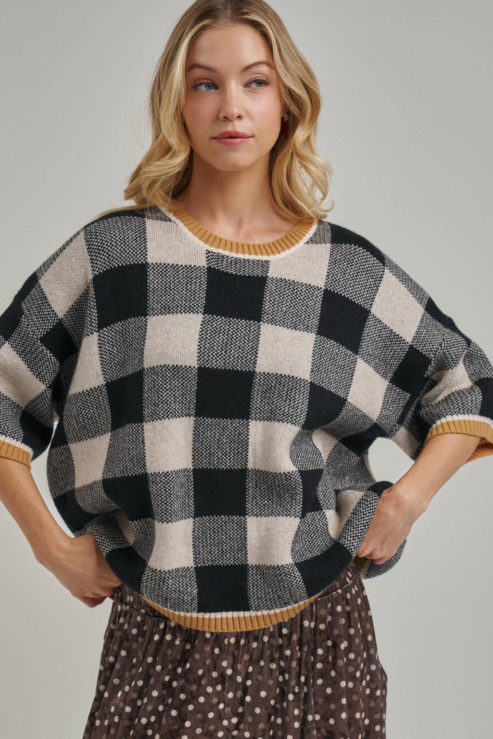 FALL CHECKERED GINGHAM DROP SHOULDER SWEATER TOP