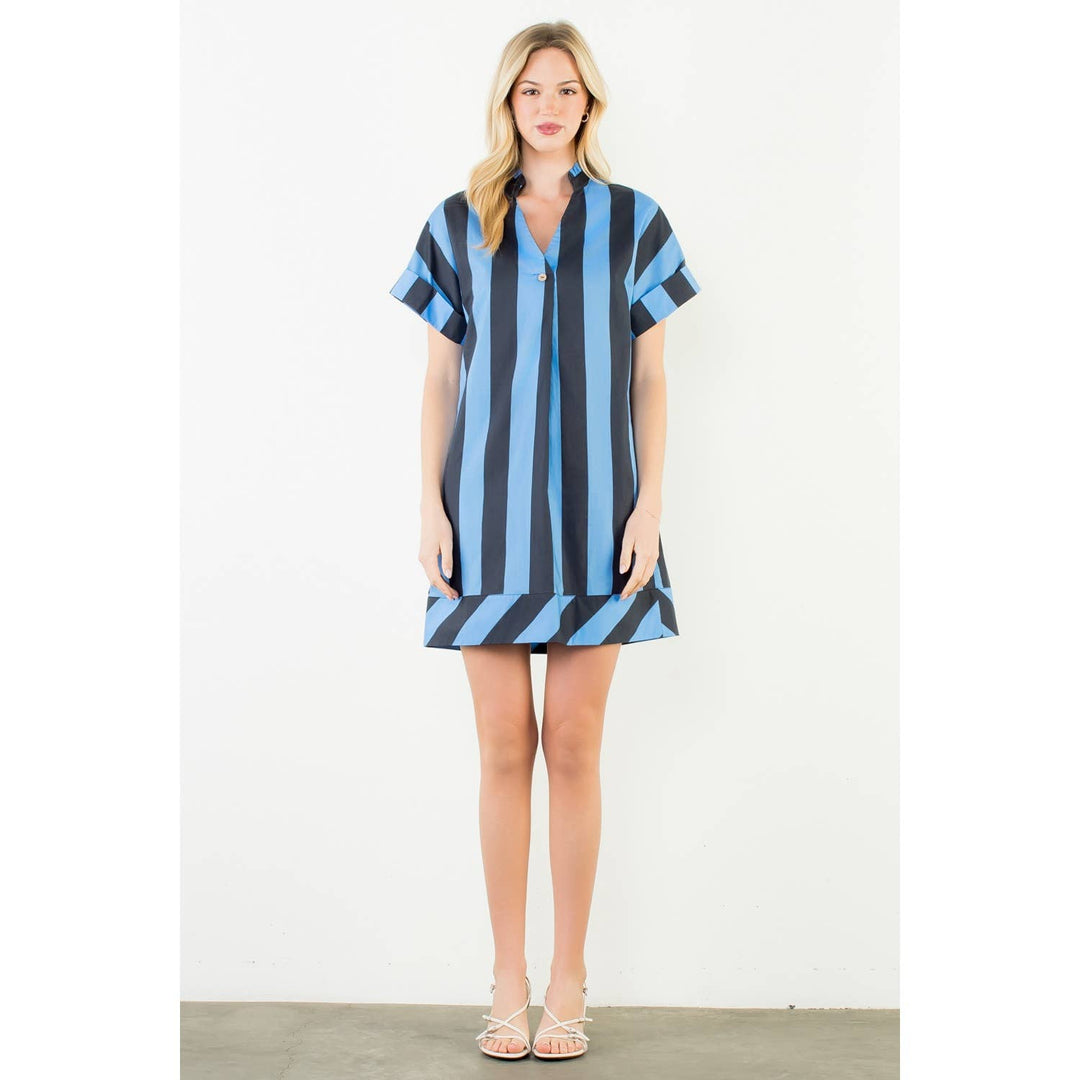 Short Sleeve Striped V-Neck Dress