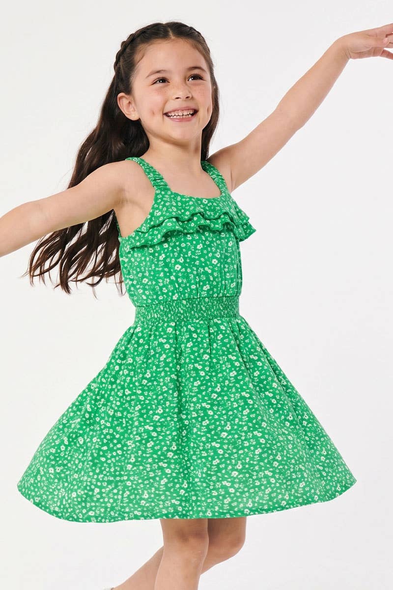 Girl's Floral Dress w/ Smocking Waist green