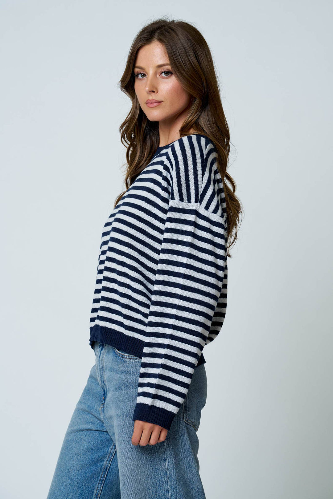 STRIPE RELAXED BACK BUTTON DETAIL KNIT SWEATER