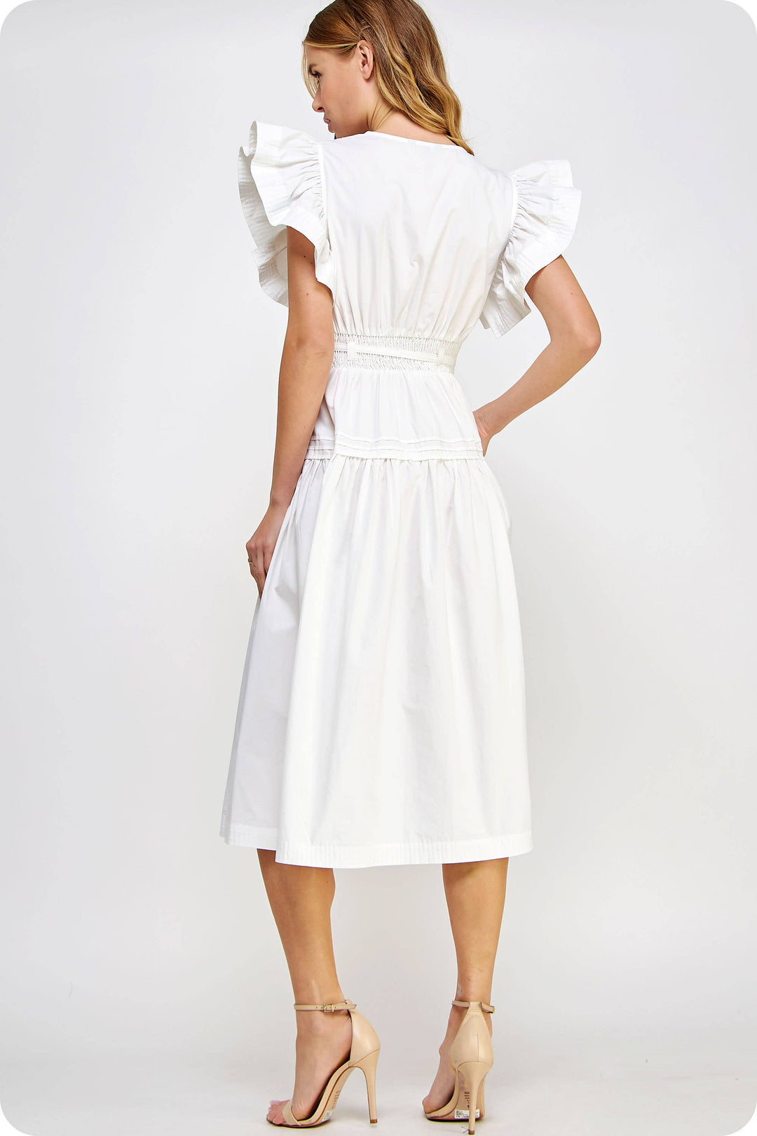 Chambray Flutter Sleeve Poplin Midi Dress
