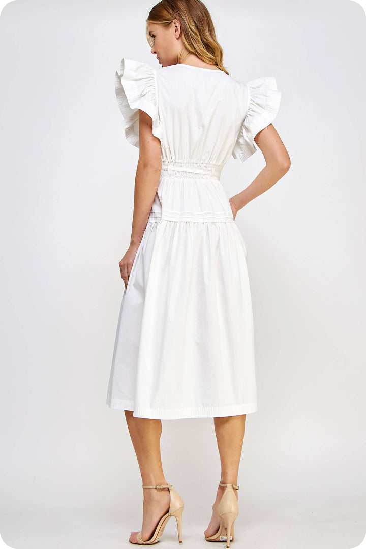Chambray Flutter Sleeve Poplin Midi Dress