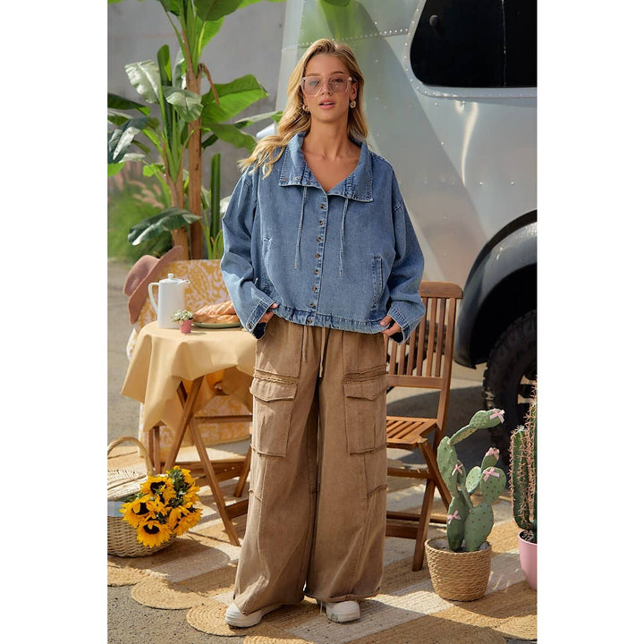 LIGHTWEIGHT WASHED DENIM DRAWSTRING HEM JACKET