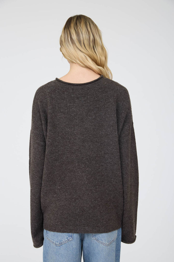 RAW ROLLED EDGE HENLEY RELAXED PULLOVER SWEATER
