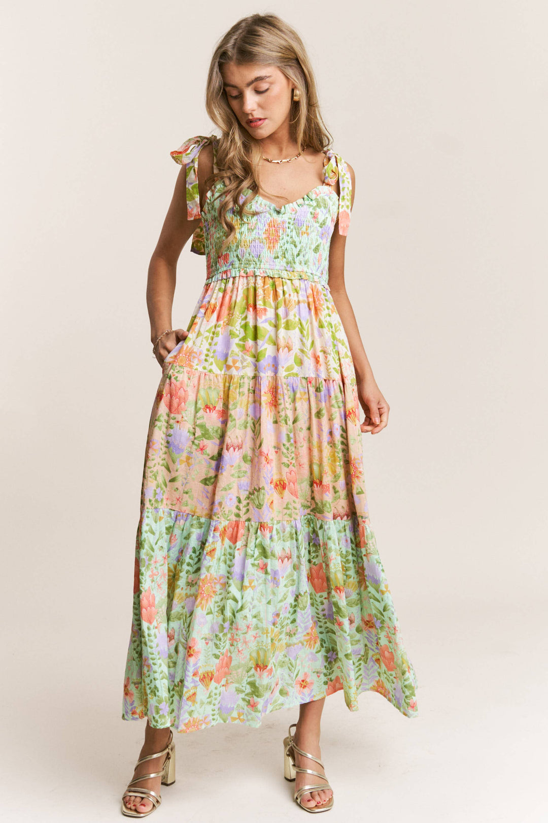 Smocked V-neck Tiered Multi Print Dress