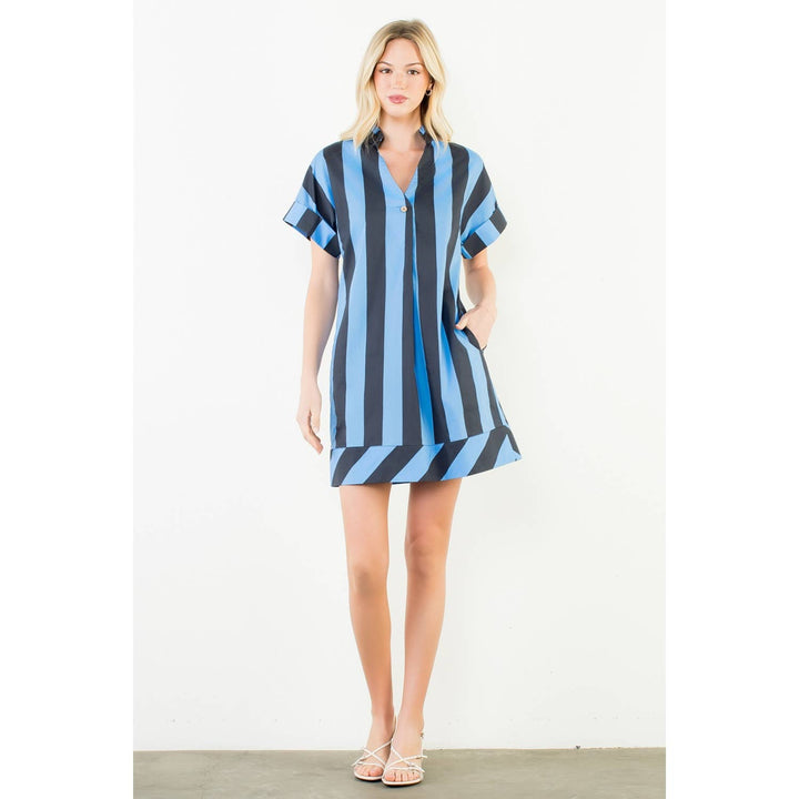 Short Sleeve Striped V-Neck Dress