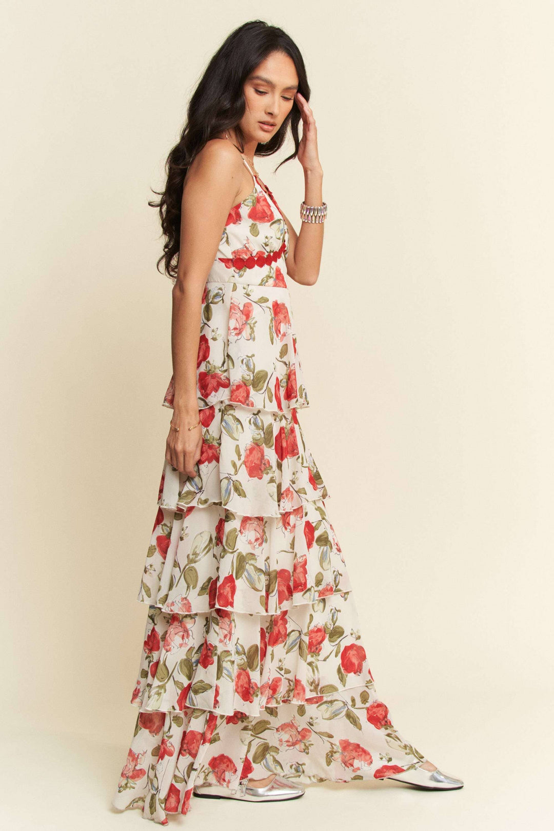 CONTRAST RED  LACE CAMI TIERED RUFFLE MAXI DRESS