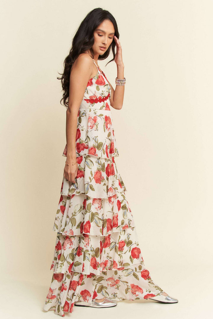 CONTRAST RED  LACE CAMI TIERED RUFFLE MAXI DRESS