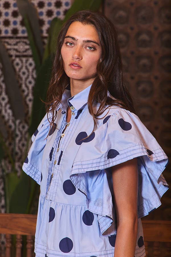 Ruffle Sleeves Pintuck Detail Polka Dot Print top up