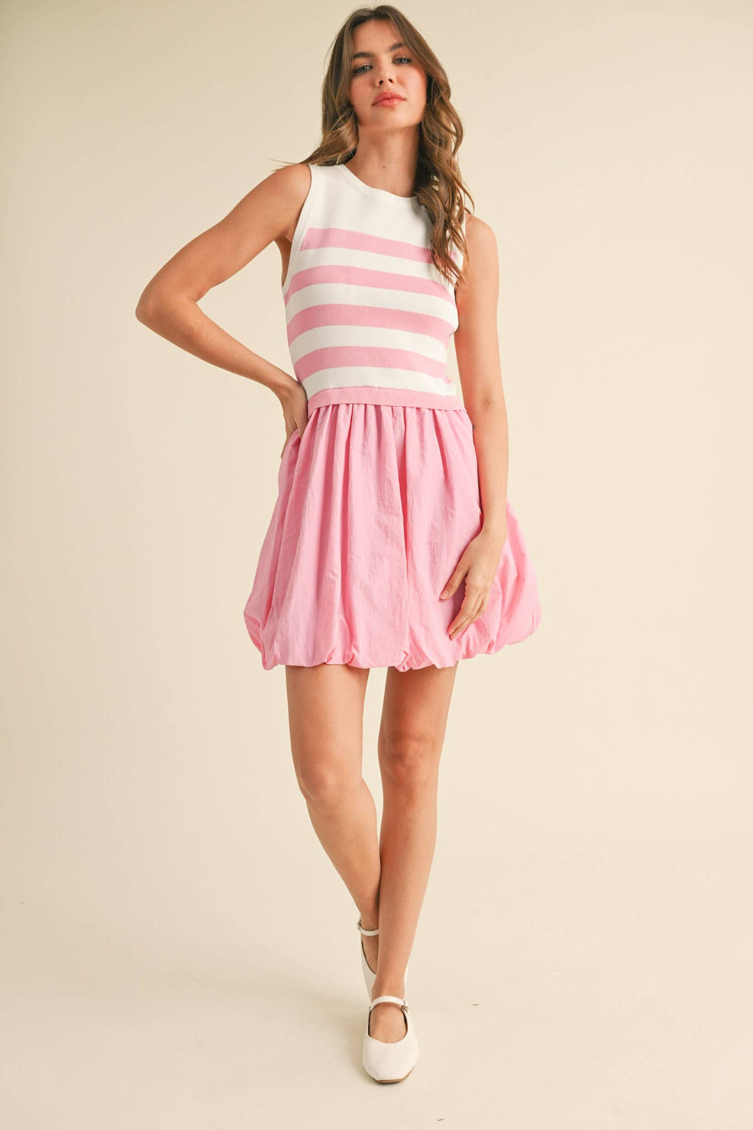 NAVY STRIPE BUBBLE HEM MINI DRESS