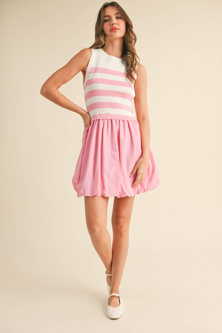 NAVY STRIPE BUBBLE HEM MINI DRESS