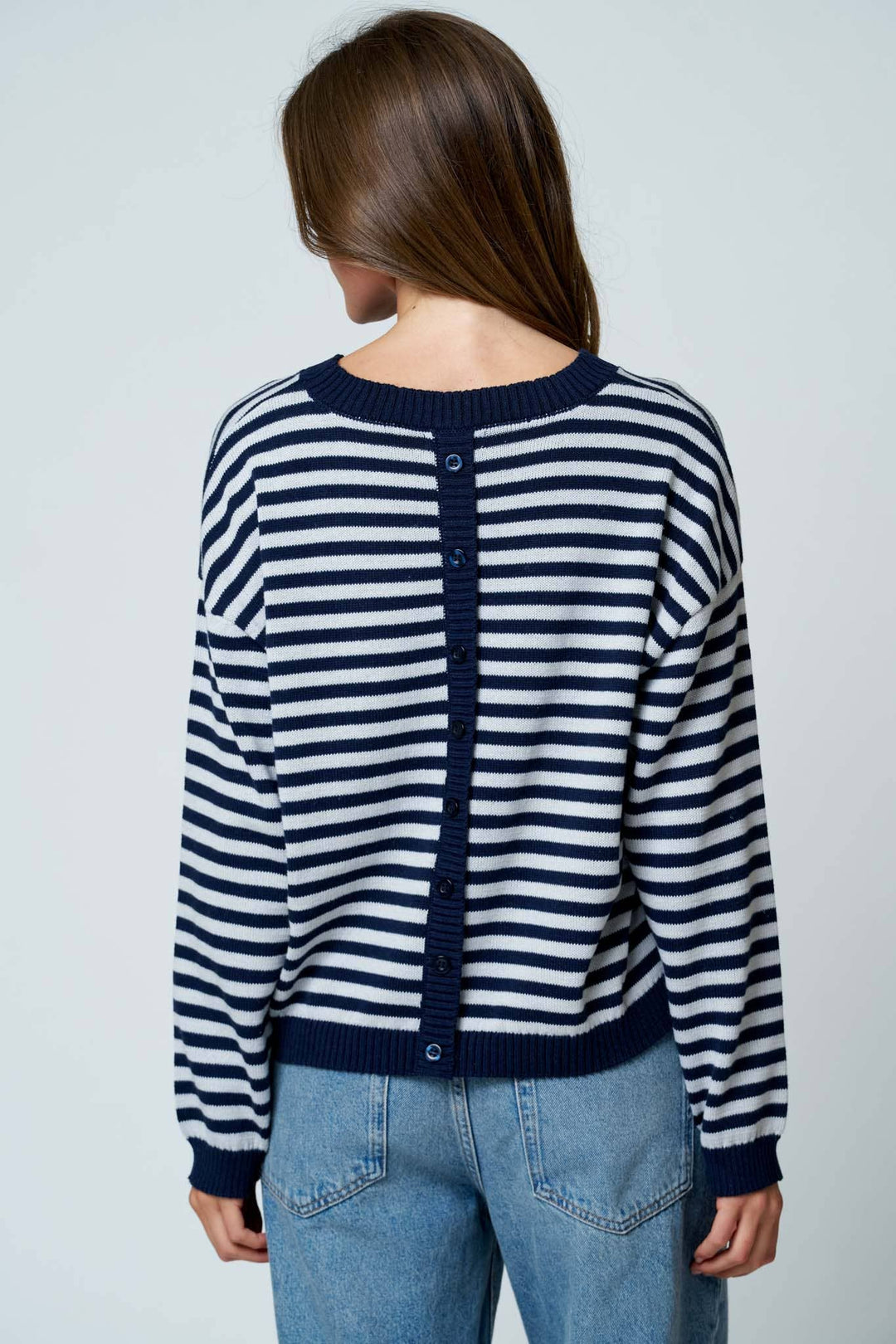 STRIPE RELAXED BACK BUTTON DETAIL KNIT SWEATER