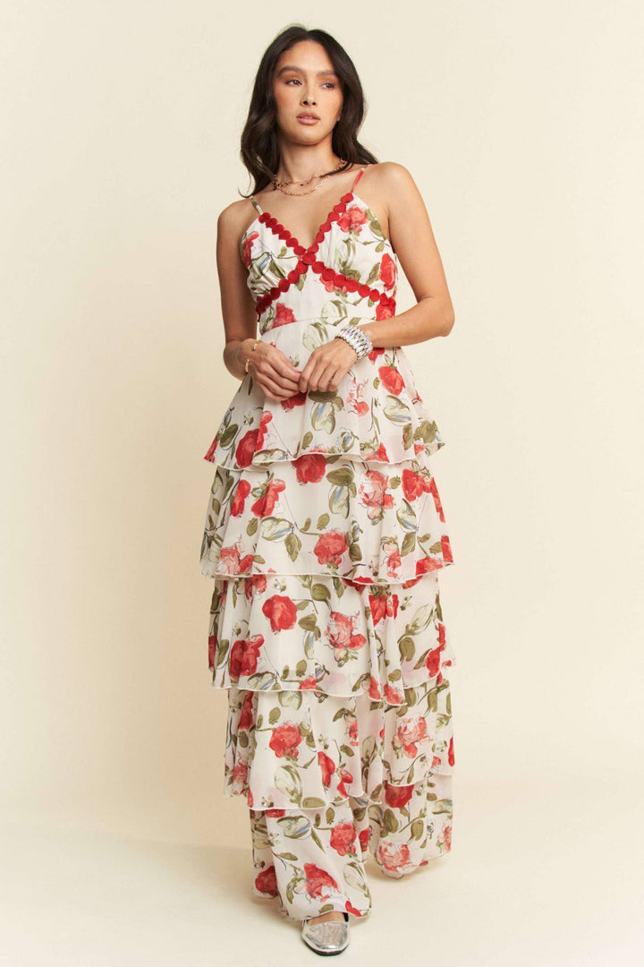 CONTRAST RED  LACE CAMI TIERED RUFFLE MAXI DRESS