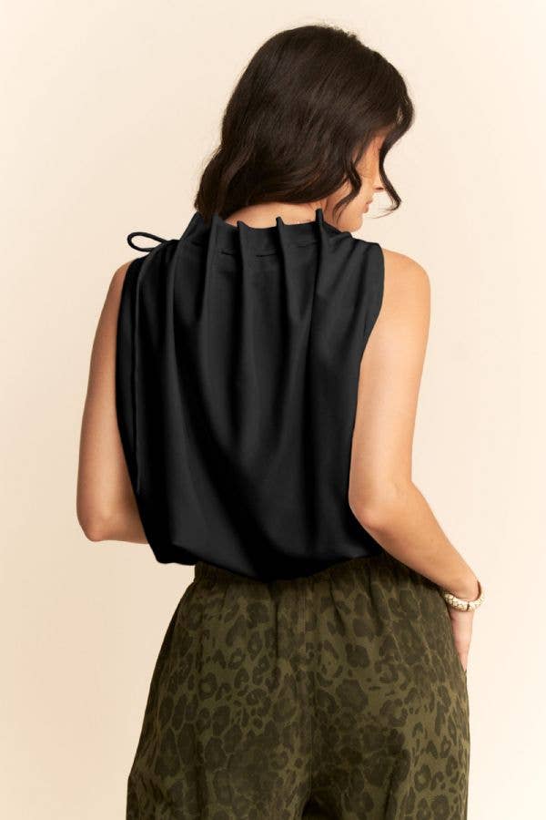 WHITE SOLID SLEEVELESS COWL NECK TIE DETAIL TOP