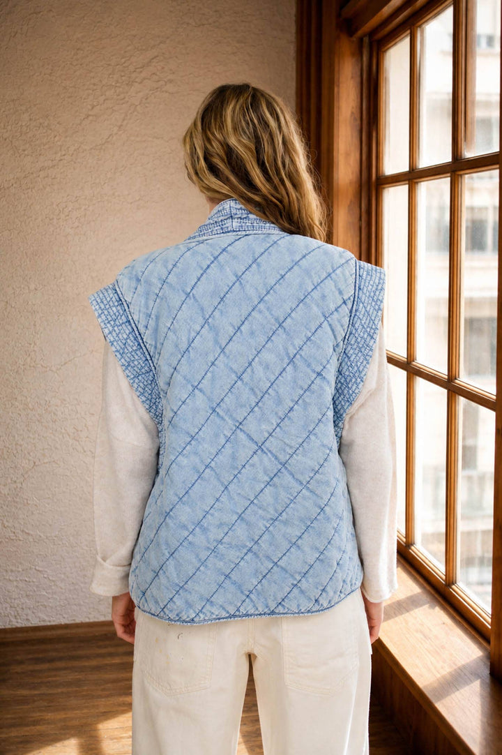 WASHED DENIM QUILTED SHAWL VEST
