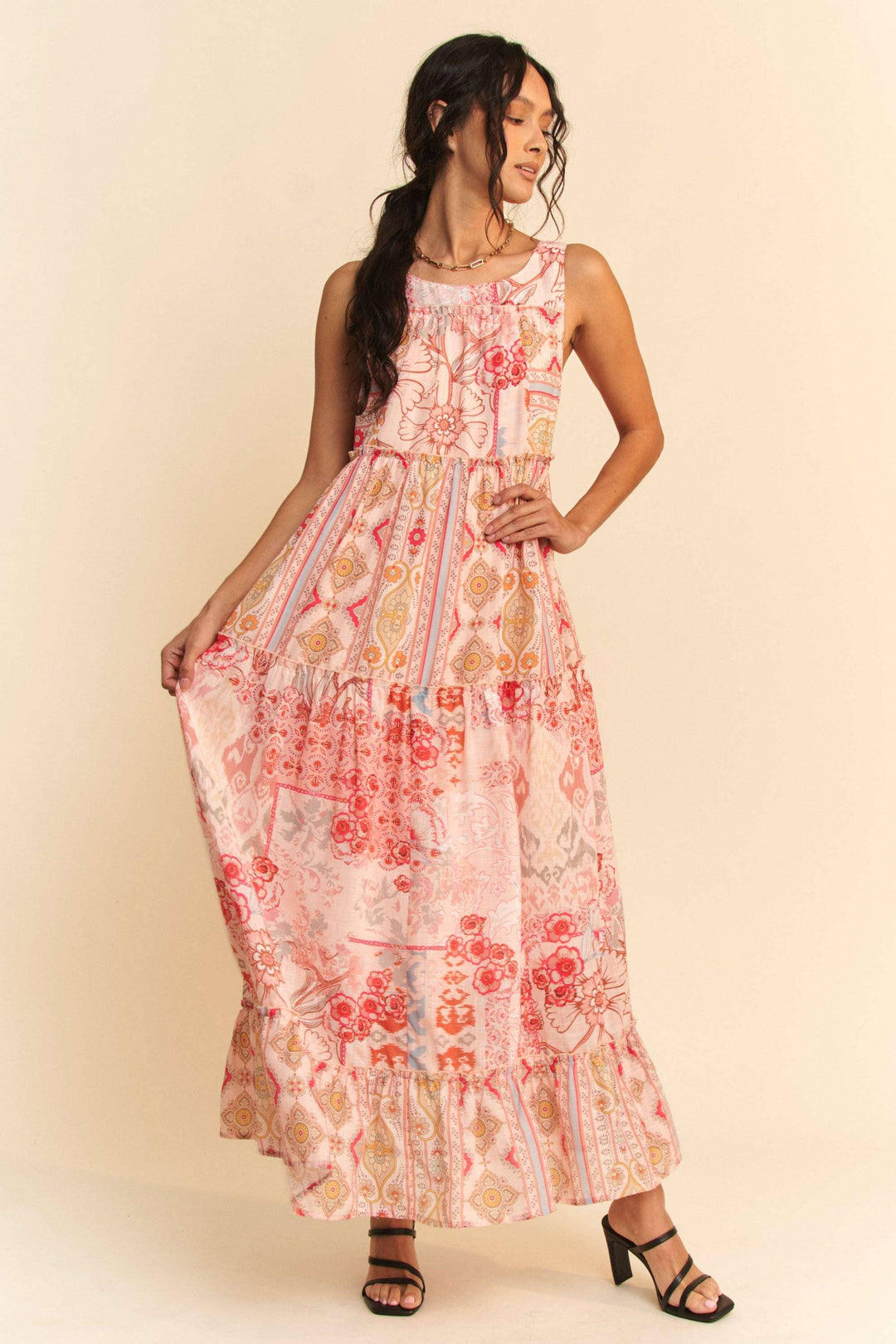 GEO FLORAL MIX SLEEVELESS TIRERED MAXI DRESS
