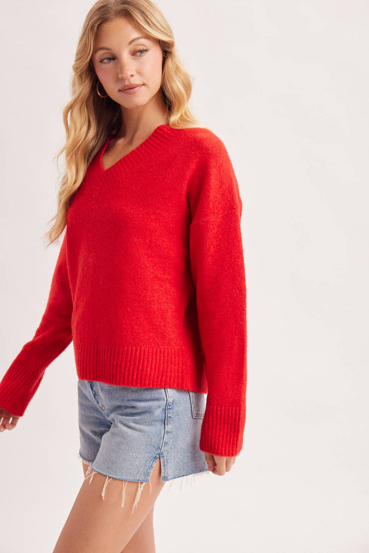 V-NECK FUZZY KNIT SWEATER