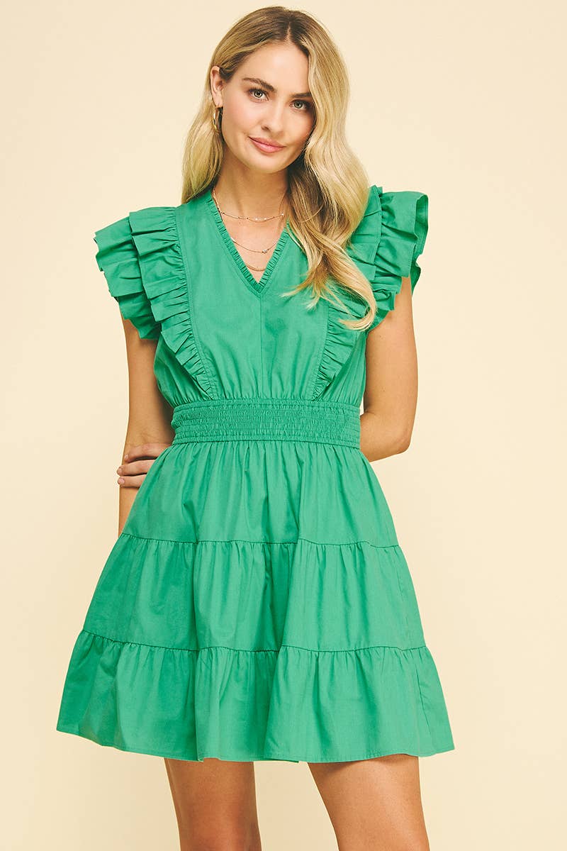 RUFFLED SLEEVE MINI DRESS GREEN
