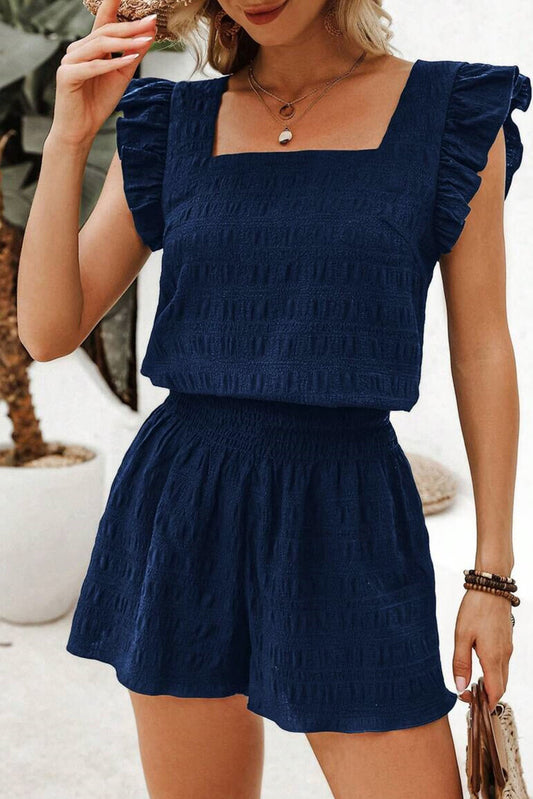 blue Textured Square Neck Top and Shirred High Waist Shorts Set