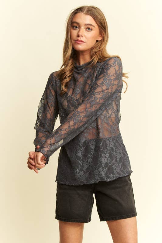 Floral Print Lace Long Sleeve Top