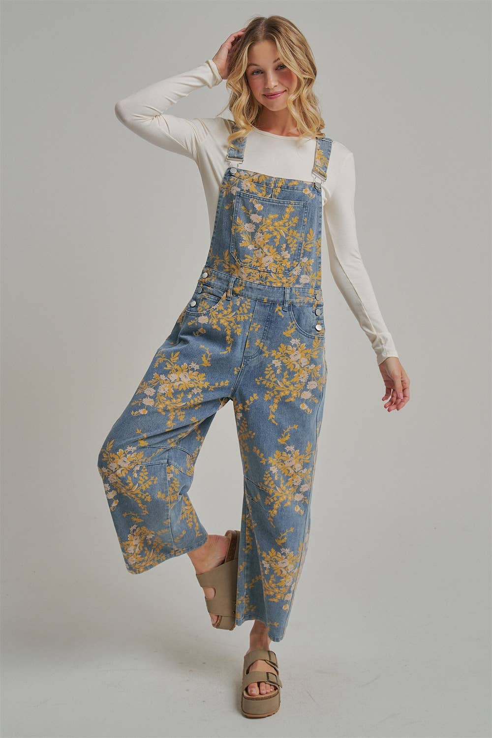FLORAL PRINT DENIM OVERALL JUMPSUIT