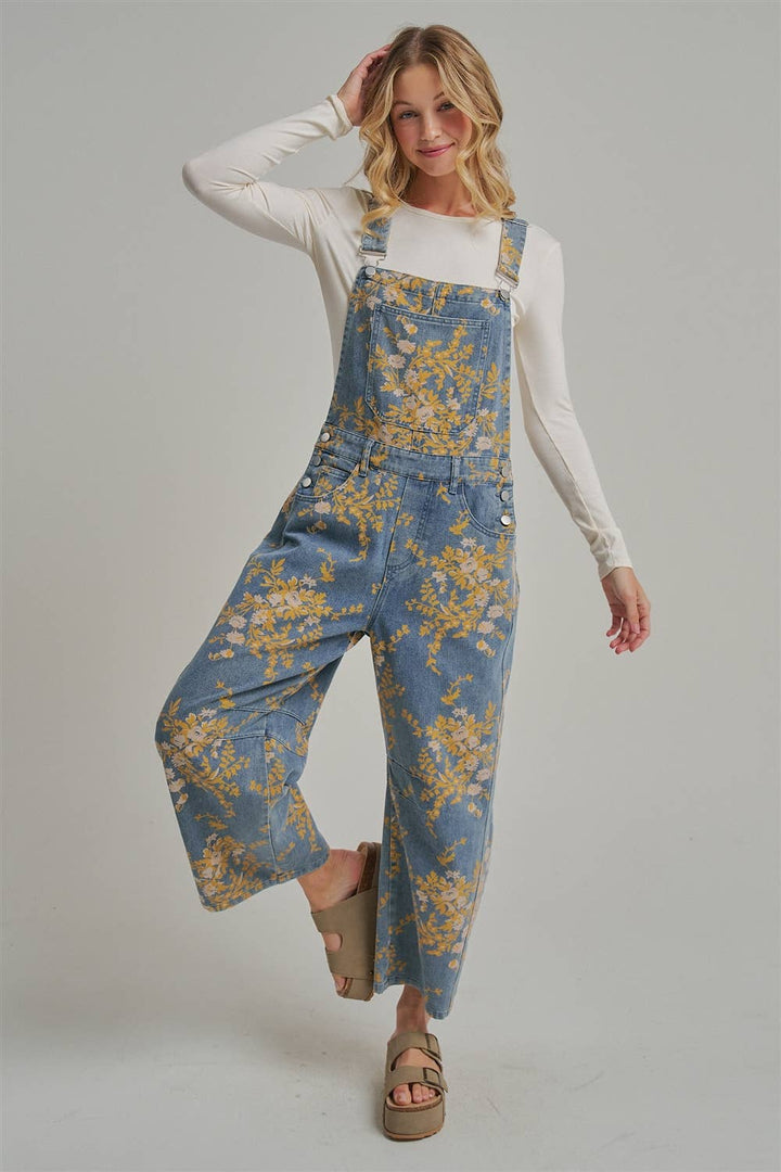 FLORAL PRINT DENIM OVERALL JUMPSUIT