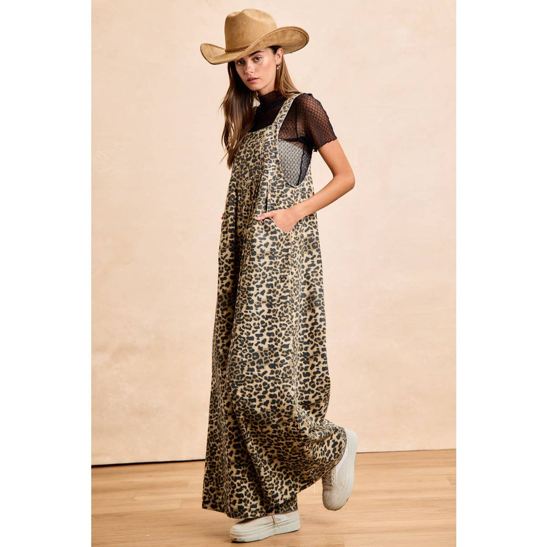 COTTON TWILL LEOPARD PRINT WIDE LEG OVERALLS