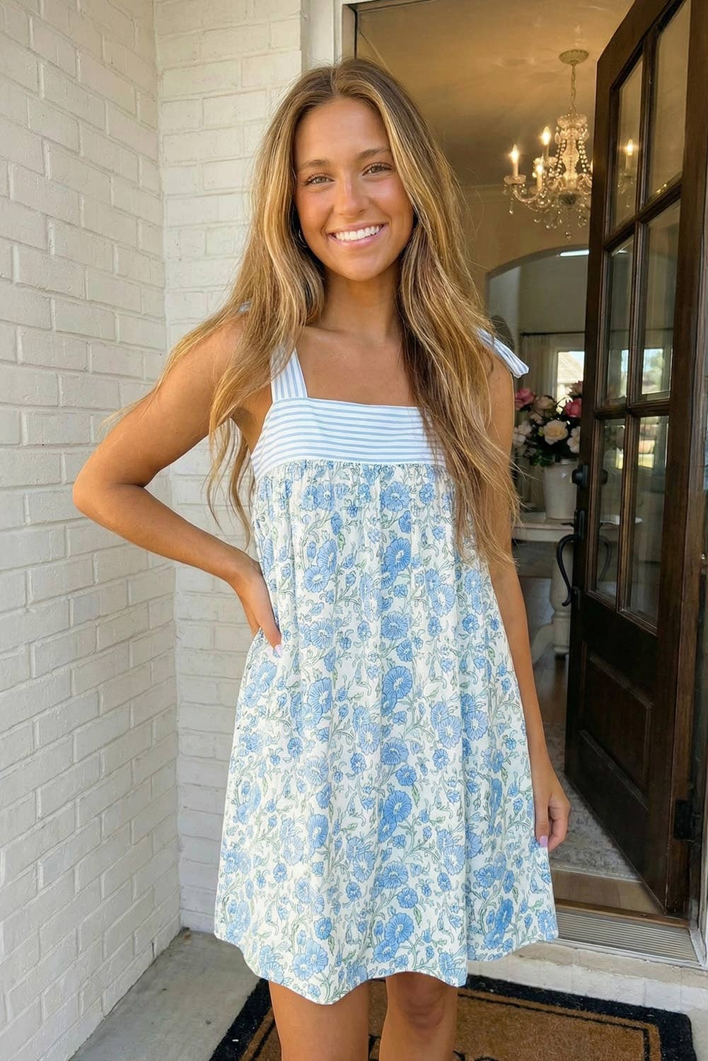 Blue Floral Stripe Patchwork Bow Knot Strap Mini Dress