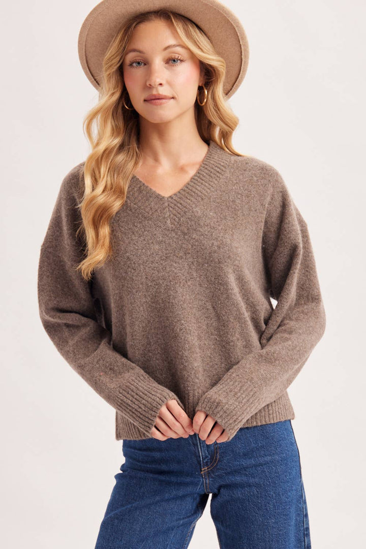 V-NECK FUZZY KNIT SWEATER