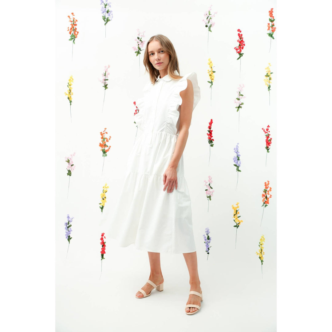 Ruffle Trim Button-Down Tiered Midi Dress WHITE