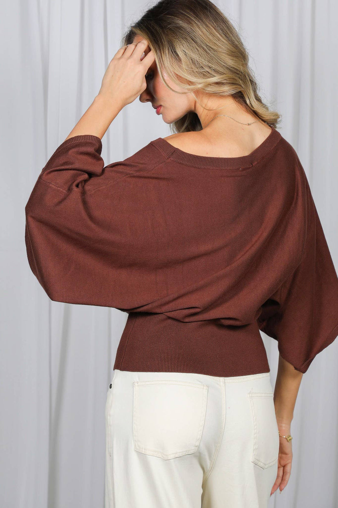 Flattering Batwing 3/4 Dolman Sleeve Knitted Sweater VT83572