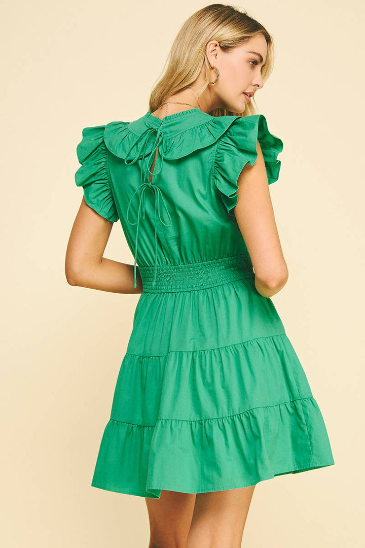 RUFFLED SLEEVE MINI DRESS GREEN