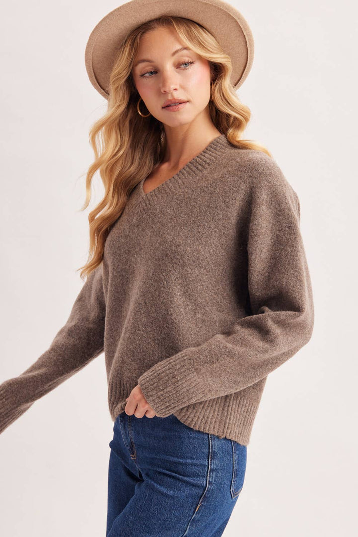 V-NECK FUZZY KNIT SWEATER
