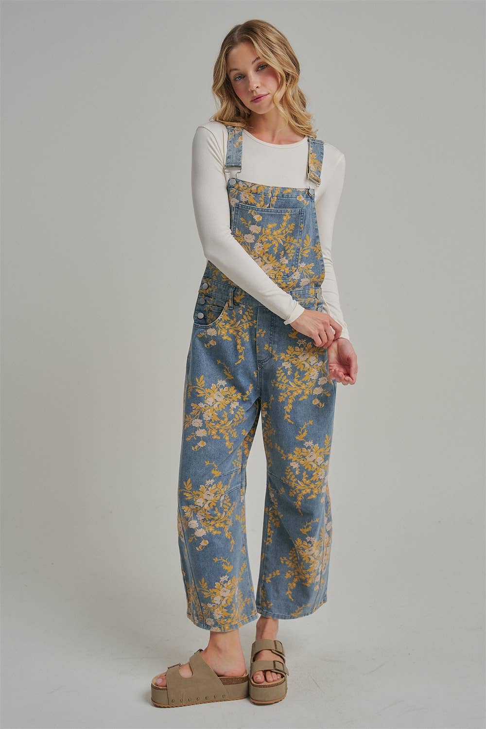 FLORAL PRINT DENIM OVERALL JUMPSUIT