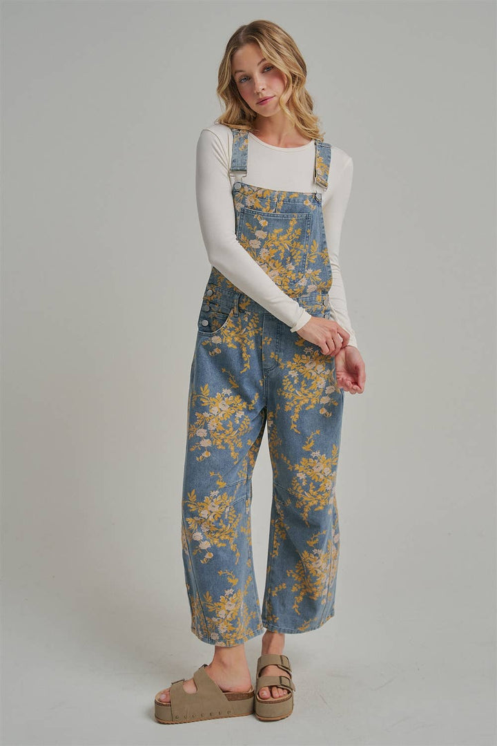 FLORAL PRINT DENIM OVERALL JUMPSUIT