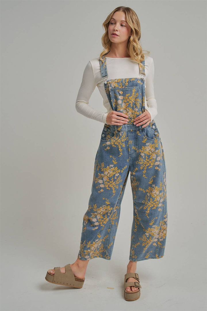 FLORAL PRINT DENIM OVERALL JUMPSUIT