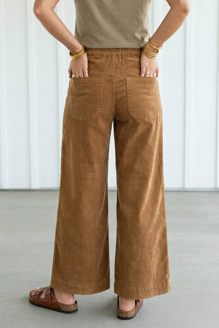 Wooden Button Elastic Waist Wide Leg Pants