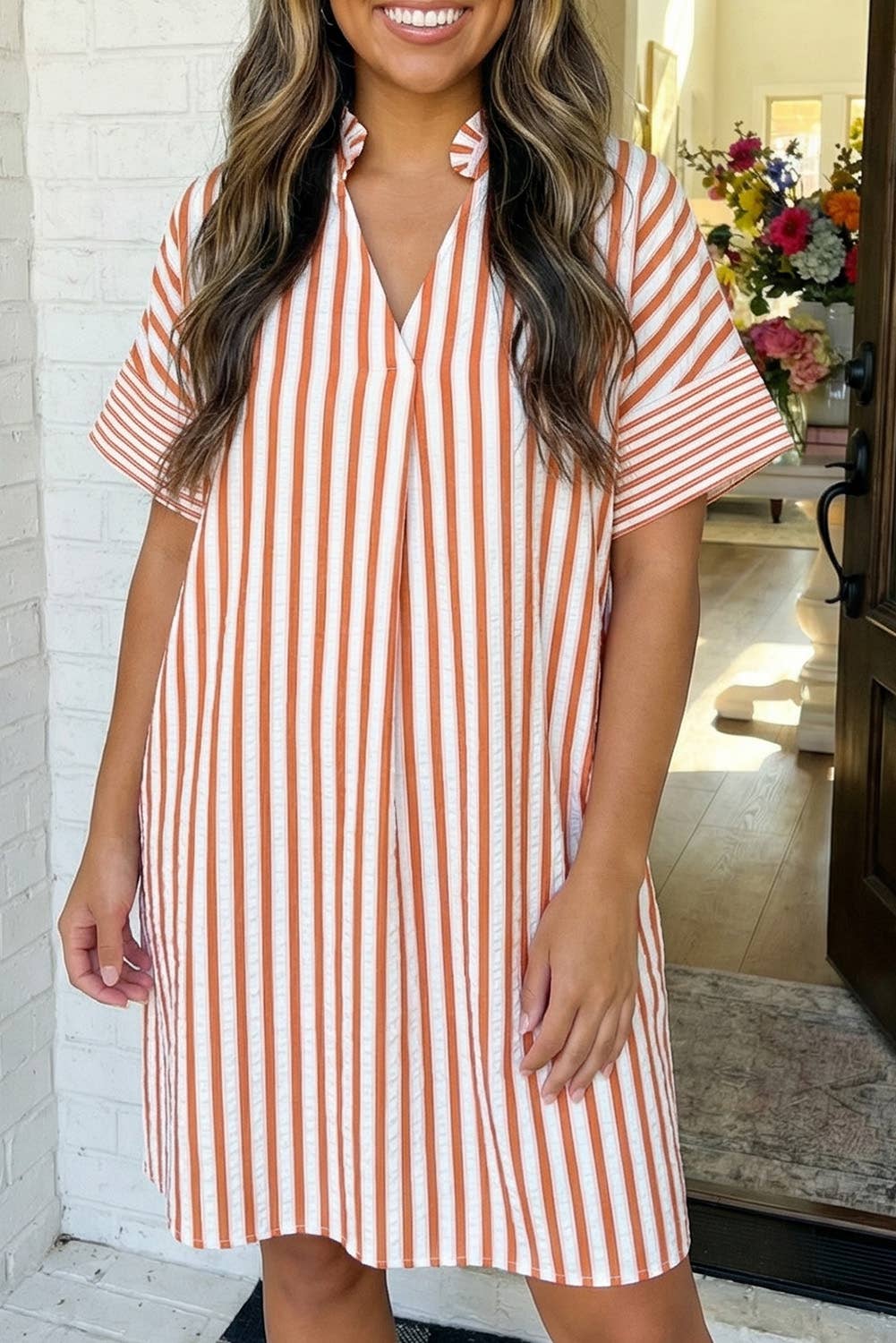 Stripe Pinched Turn-up Cuffs Shift Mini Dress