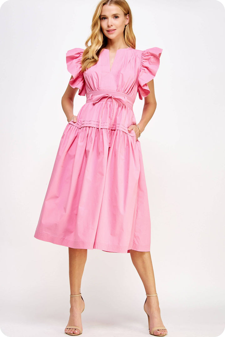 Chambray Flutter Sleeve Poplin Midi Dress